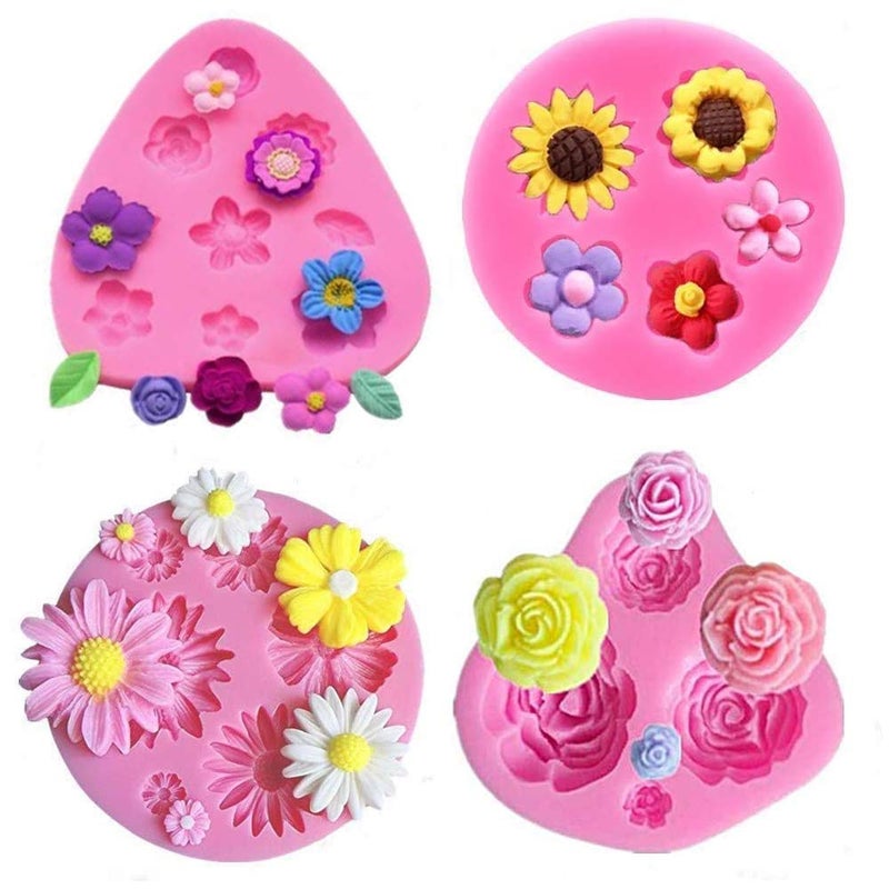 HiParty 4Pcs/Set Mini Flower & Leaf Fondant Molds, Rose Daisy Sunflower Silicone Gumpaste Molds for Cake Cupcake Topper Decoration Small Leaves Chocolate Candy Polymer Clay Resin Crafting Projects Tools - Image 1